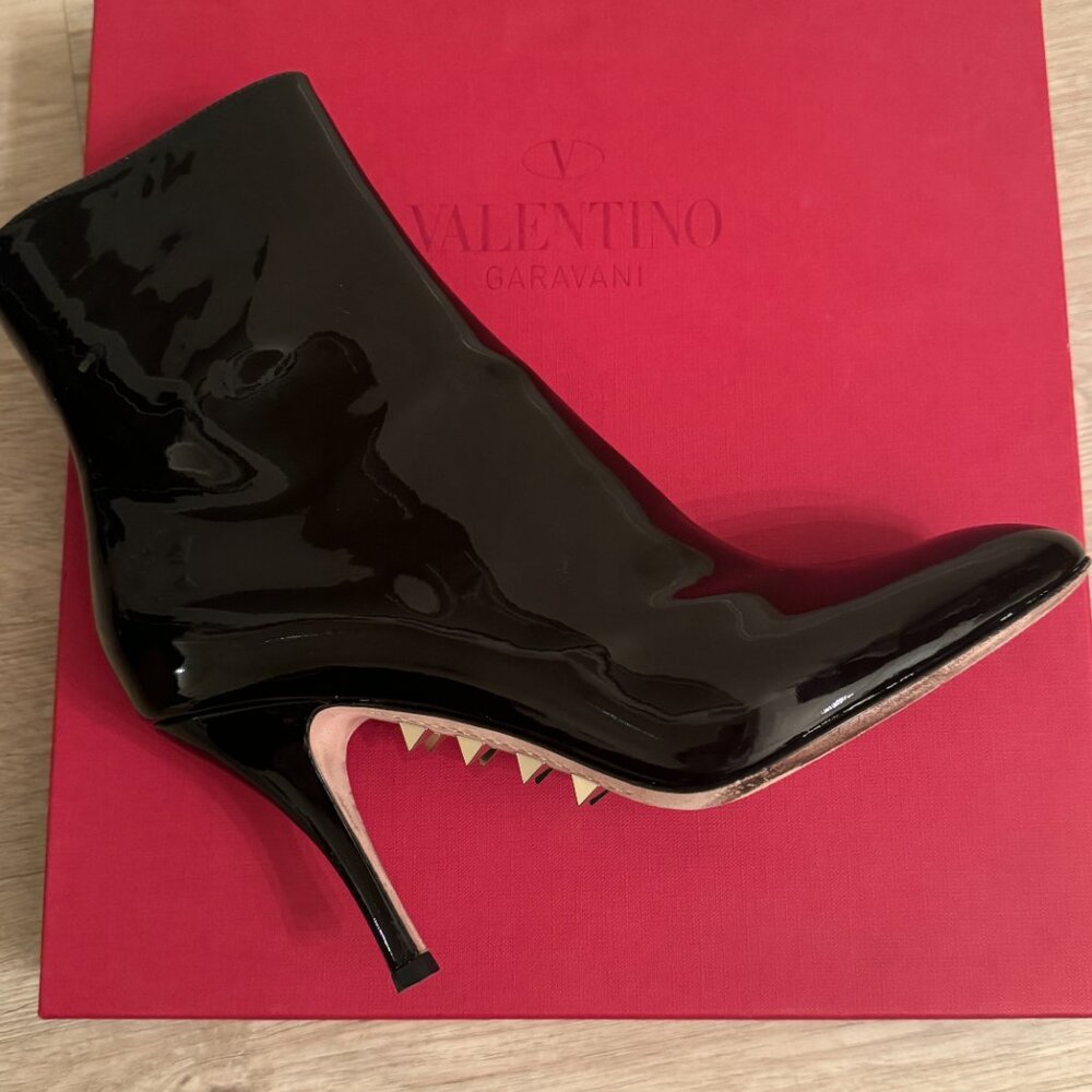 VALENTINO Black Patent Leather Gold Stud Stiletto Booties